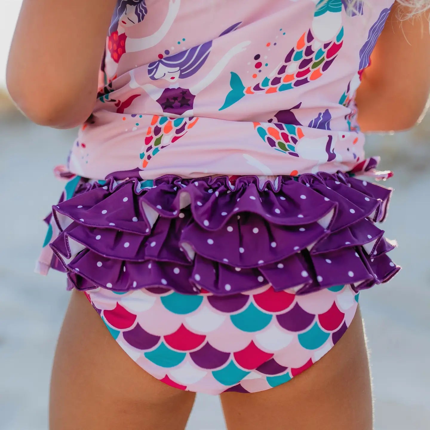 Purple Mermaid Rash Guard Ruffle Swimsuit
