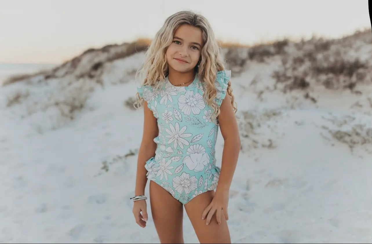 Mint Floral Open Back One Piece Swimsuit