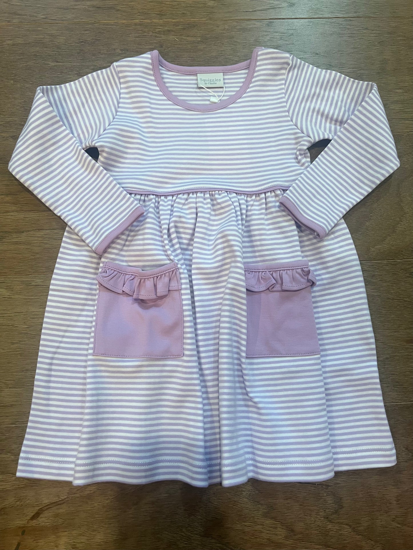 Long Sleeve Popover Dress in Lavender/White Stripe w/Ruffle Pocket