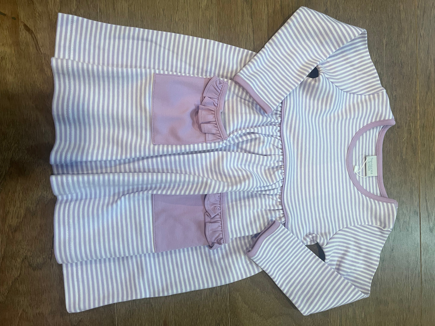 Long Sleeve Popover Dress in Lavender/White Stripe w/Ruffle Pocket