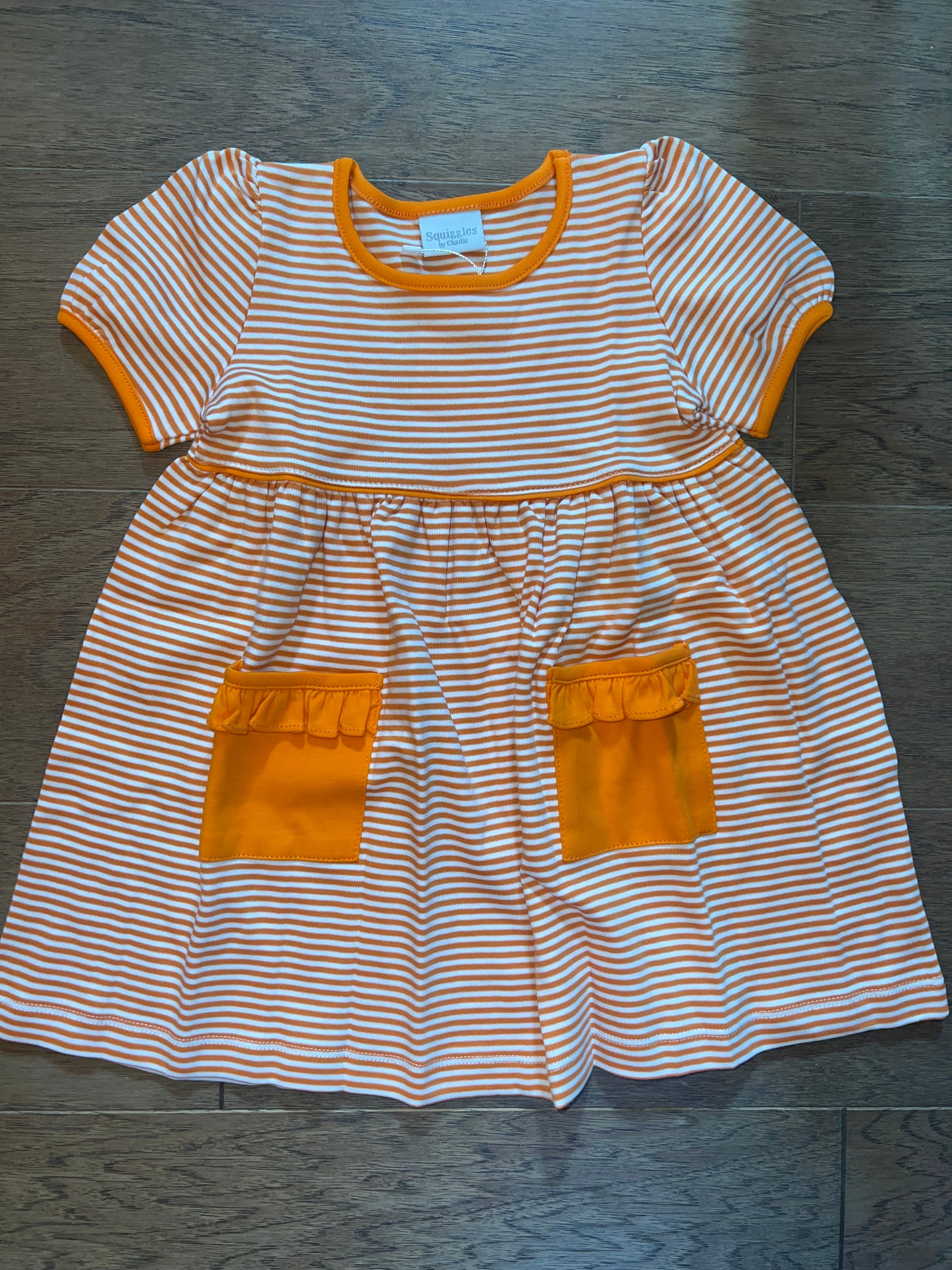 Short Sleeve Popover Dress in Orange/White with Ruffle Pocket