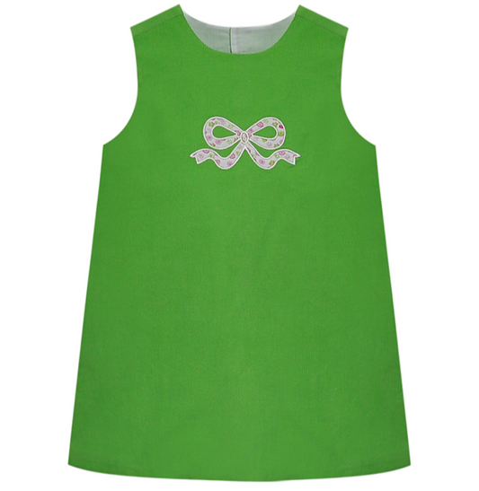 Corduroy Green Apple Forest Dress with Flower Bow