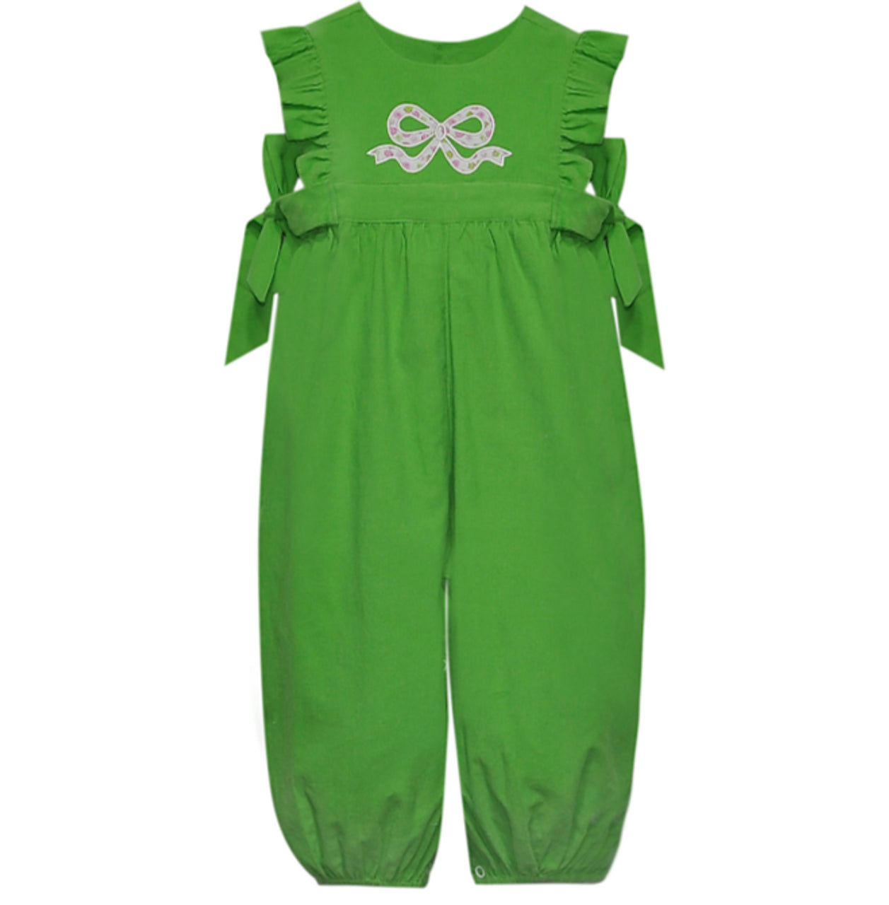Corduroy Green Apple Abigail Girl Long Romper with Flower Bow
