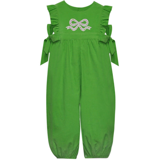 Corduroy Green Apple Abigail Girl Long Romper with Flower Bow