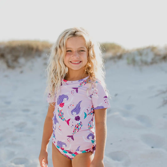 Purple Mermaid Rash Guard Ruffle Swimsuit