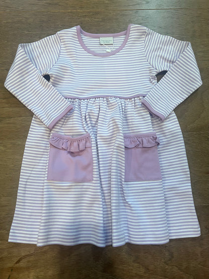 Long Sleeve Popover Dress in Lavender/White Stripe w/Ruffle Pocket