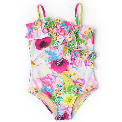 Watercolor Floral Girls Ruffle Front One Piece Swimsuit