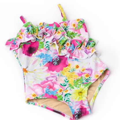 Watercolor Floral Girls Ruffle Front One Piece Swimsuit