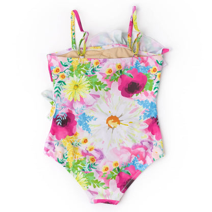 Watercolor Floral Girls Ruffle Front One Piece Swimsuit