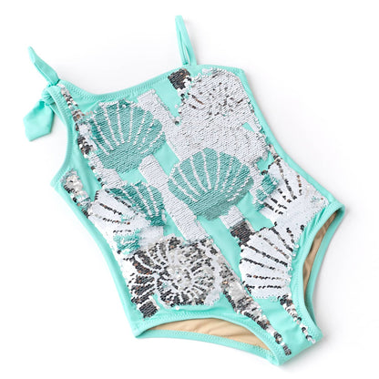 Mint Shells Girls Flip Sequin One Shoulder One Piece Swimsuit