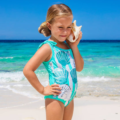 Mint Shells Girls Flip Sequin One Shoulder One Piece Swimsuit