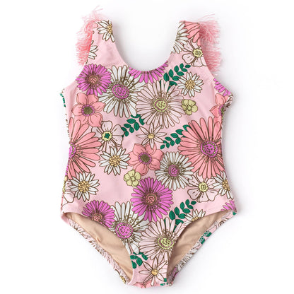 Retro Blossom Girls Fringe Back One Piece Swimsuit