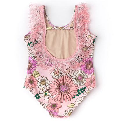 Retro Blossom Girls Fringe Back One Piece Swimsuit