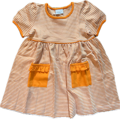 Short Sleeve Popover Dress in Orange/White with Ruffle Pocket