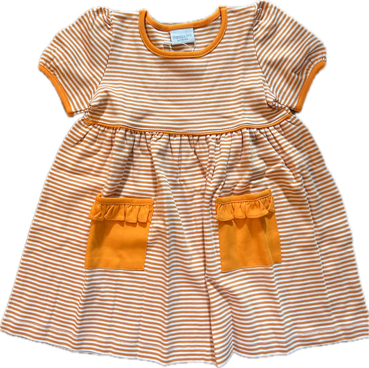 Short Sleeve Popover Dress in Orange/White with Ruffle Pocket