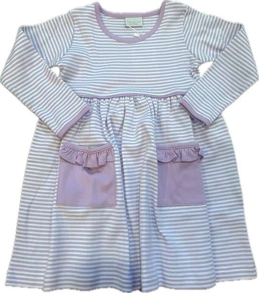 Long Sleeve Popover Dress in Lavender/White Stripe w/Ruffle Pocket
