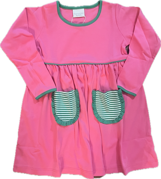 Long Sleeve Popover Dress Hot Pink & Green