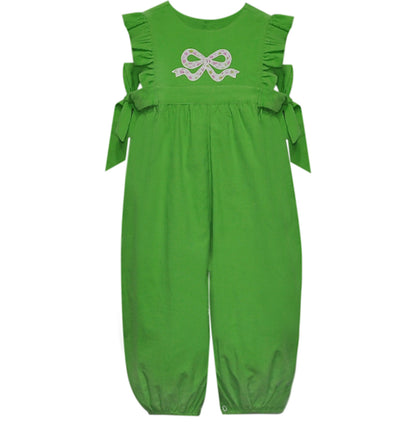 Corduroy Green Apple Abigail Girl Long Romper with Flower Bow