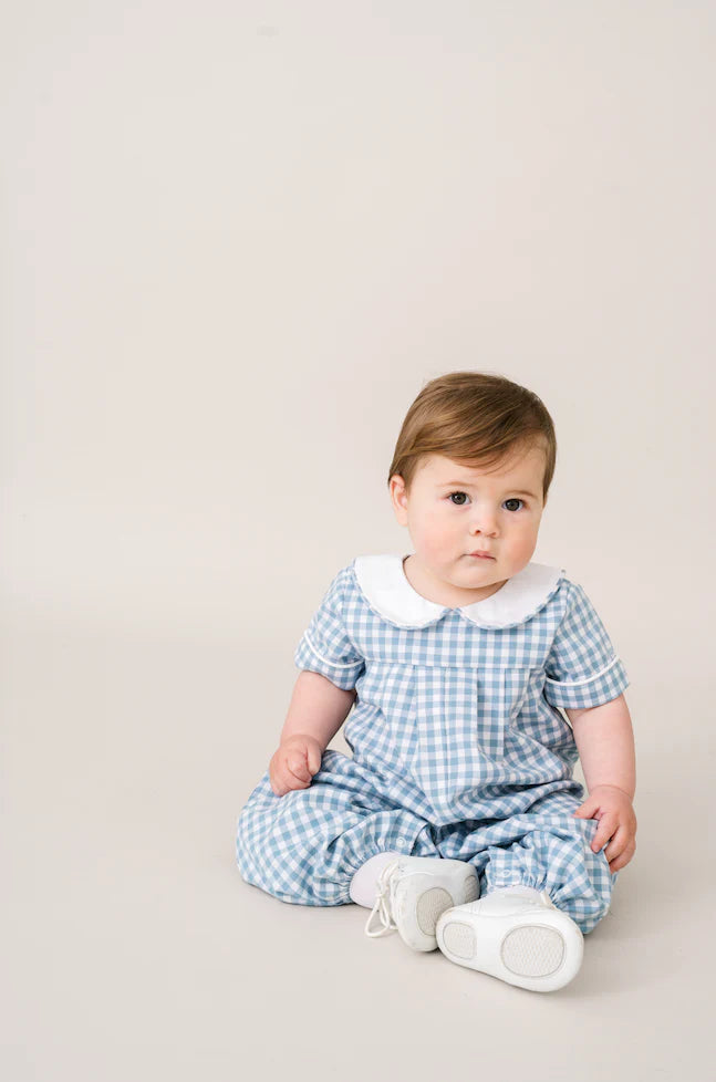 Precious Pleated Romper - Stone Blue Check