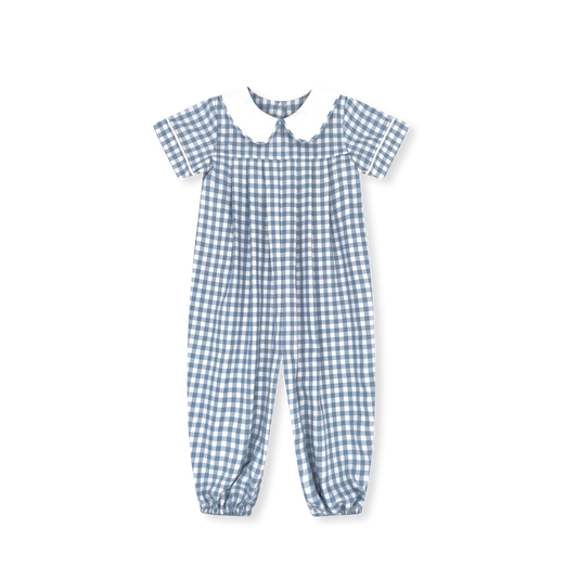 Precious Pleated Romper - Stone Blue Check