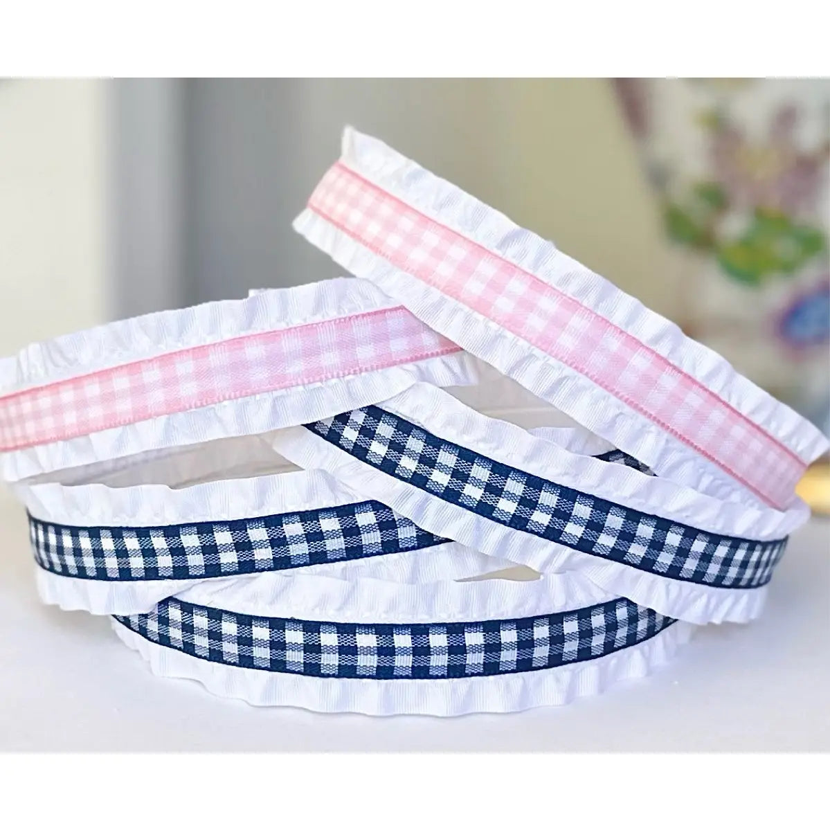 Light Pink Gingham Double Ruffle Headband